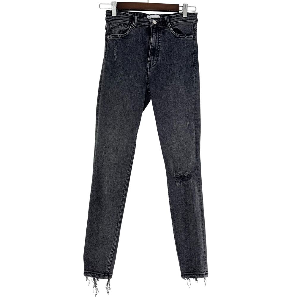 ZARA High Rise Distressed Black Skinny Jeans 27x26.5